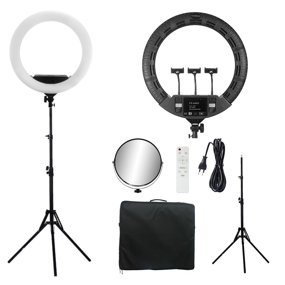 22inch LED Ring Lights Kit with Tripod Mirror, 100w Continuous Output Lighting for Makeup Tattoo Nail Studio Live Stream, Adjustble Bi-color Ring Lamp for YouTube Vlog (FS640, Black)
