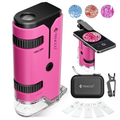 100x-250x Pocket Microscope for Kids Adults, Protable Handheld Miniscope, Mini Microscope Kit for Kids Adults Home School Lab Biology Science Education, Pink