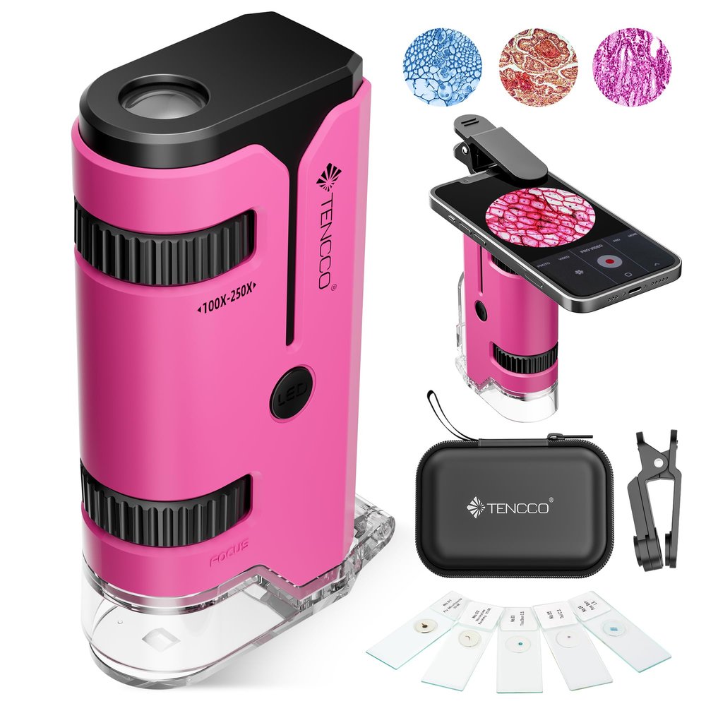 100x-250x Pocket Microscope for Kids Adults, Protable Handheld Miniscope, Mini Microscope Kit for Kids Adults Home School Lab Biology Science Education, Pink
