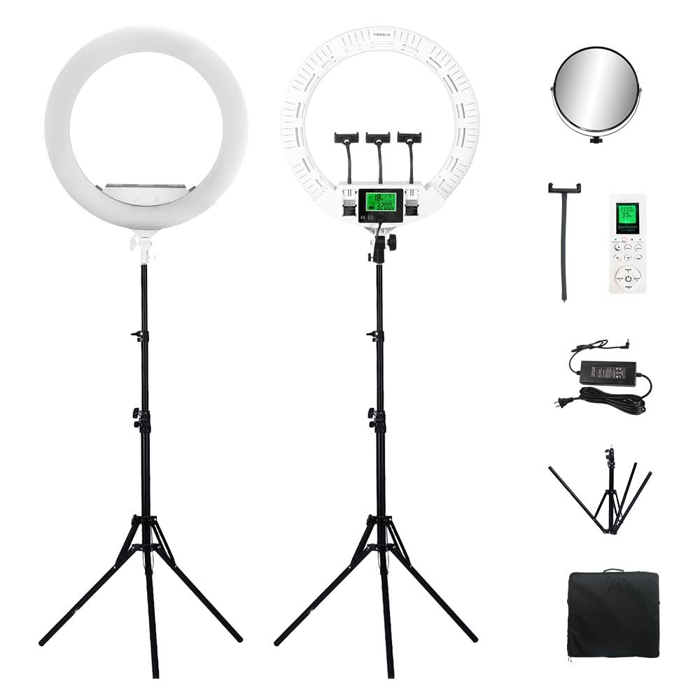 22inch LED Ring Lights Kit with Tripod Mirror, 100w Continuous Output Lighting for Makeup Tattoo Nail Studio Live Stream, Adjustble Bi-color Ring Lamp for YouTube Vlog (FE640, White)