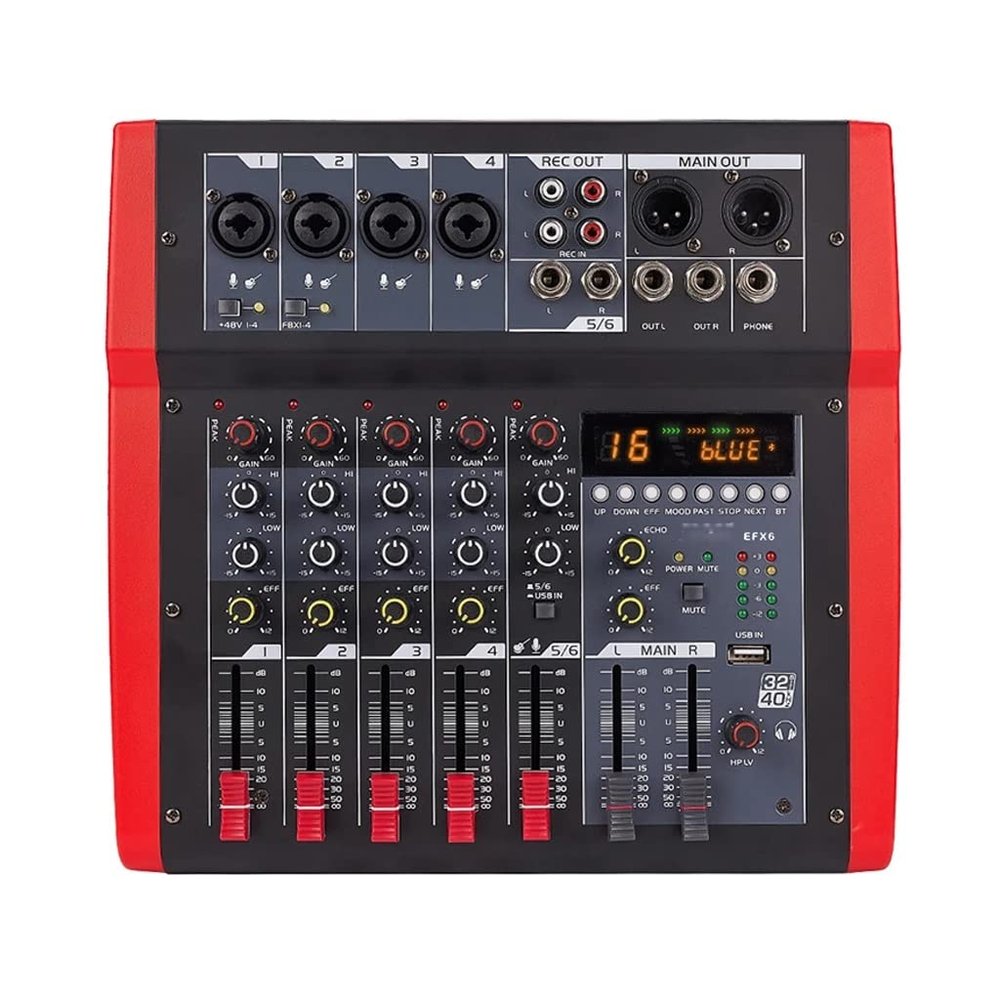 WEIWO EFX6 6 Channels Audio Mixer 4 Mono 1 Stereo Sound Mixing Console 5V 16 DSP Effects Computer Play Recording