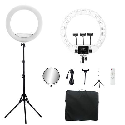 22inch LED Ring Lights Kit with Tripod Mirror, 100w Continuous Output Lighting for Makeup Tattoo Nail Studio Live Stream, Adjustble Bi-color Ring Lamp for YouTube Vlog (FS640, White)