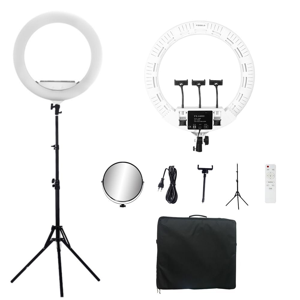 22inch LED Ring Lights Kit with Tripod Mirror, 100w Continuous Output Lighting for Makeup Tattoo Nail Studio Live Stream, Adjustble Bi-color Ring Lamp for YouTube Vlog (FS640, White)