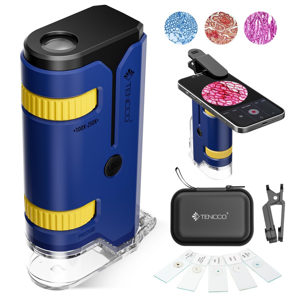 100x-250x Pocket Microscope for Kids Adults, Protable Handheld Miniscope, Mini Microscope Kit for Kids Adults Home School Lab Biology Science Education, Blue