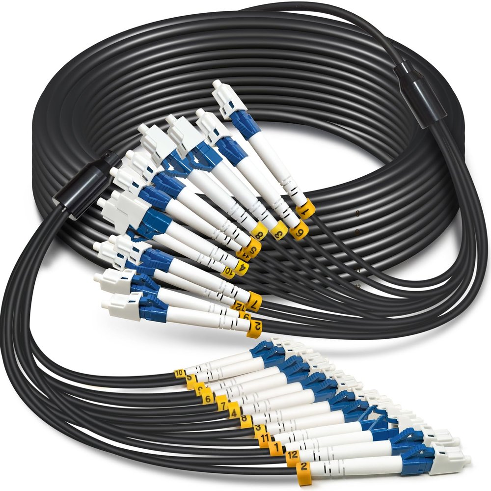 10 Meters 12 Core Industrial TPU LC to LC Outdoor Armored Fiber Optic Cable, 12 Strands OS2 Single Mode Fiber Patch Cable with LC Connectors, 9/125um, OD-6mm, Direct Burial LC-LC