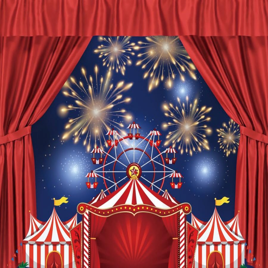 15x10ft Circus Carnival Backdrop Carnival Theme Red Curtain Party Photography Background Big Top Fireworks Carousel Birthday Party Backdrops for Boy Girl Banner Background Photo Booth Baby Shower