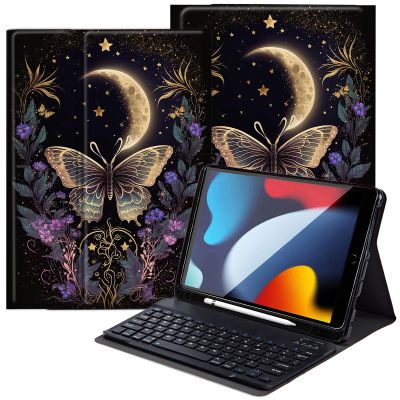 DEGDFSGR for Apple iPad 10th Generation Case with Keyboard and Pencil Holder (10.9", 2022), iPad Keyboard Case Detachable Bluetooth Keyboard for iPad Case 10th Generation, Flower Butterfly Moon