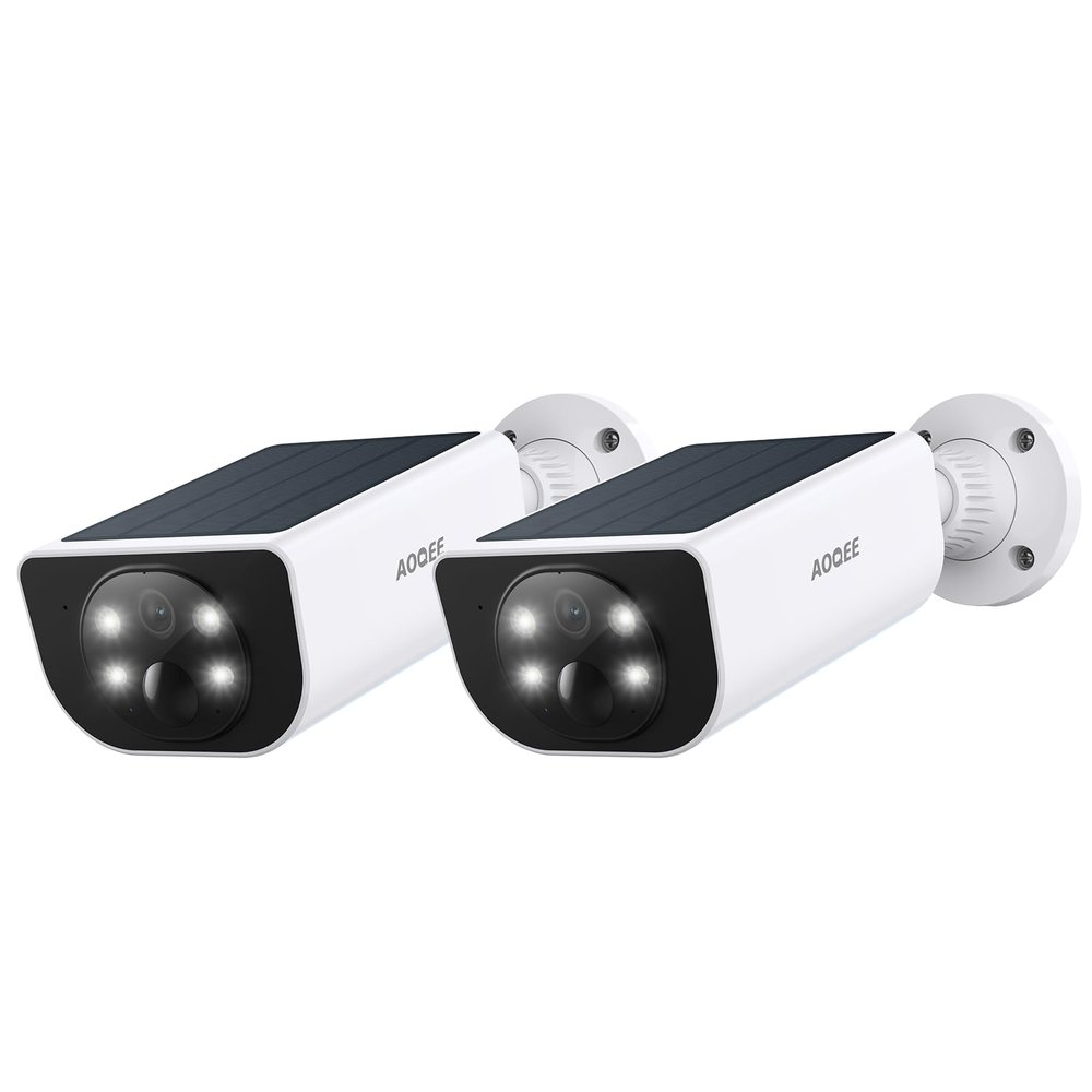 AOQEE Security Cameras Wireless Outdoor-2.4Ghz WiFi Home Security Cameras with built-in Solar Panel, 2K Color Night Vision, Cloud Storage (optional), PIR Detection, Waterproof, Works with Alexa, S1 2P
