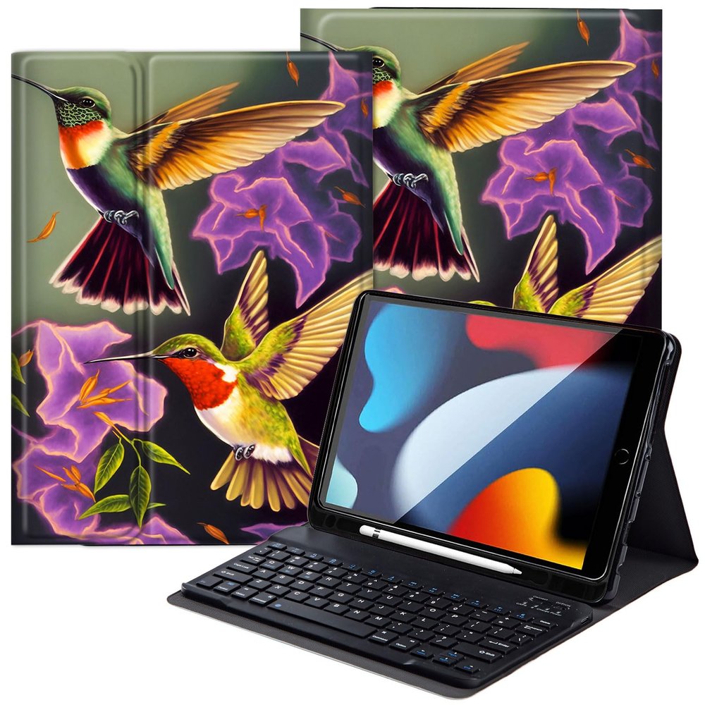 DEGDFSGR for Apple iPad 10th Generation Case with Keyboard and Pencil Holder (10.9", 2022), iPad Keyboard Case Detachable Bluetooth Keyboard for iPad Case 10th Generation, Hummingbird Flowers