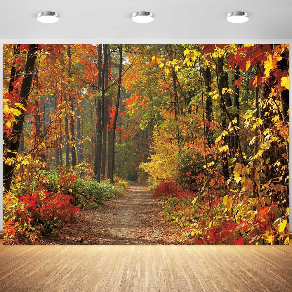 12x8ft Autumn Scenery Deciduous Backdrop Fall Woodland Mountain Road Photography Background Fall Tree Leaves View Decorations Wallpaper Photo Booth Props