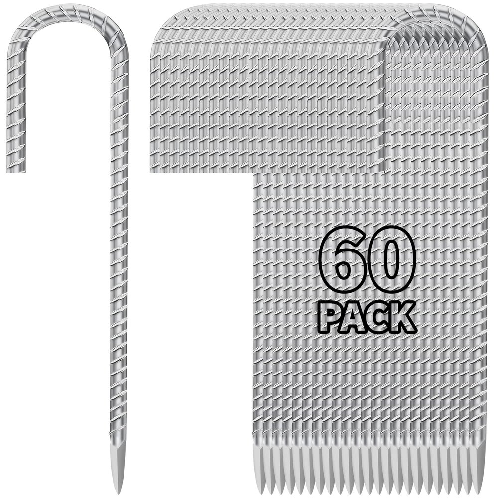 Besitu 12 Inch Ground Stakes Heavy Duty J Hook 60-Pack Metal Spikes Galvanized Ground Hooks Anchors Rebar Ground Stakes for Fence Tent Gazbo Bounce House and Outdoor Decorations Inflatables