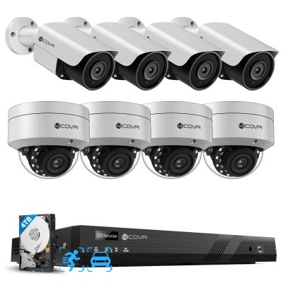 4COVR 16 Channel 4K Security Camera System - Human Vehicle Detection, 4K 4TB NVR, 4 Dome IK10 Vandal-Proof 4 Bullet 8MP Wired PoE IP Camera for Businesses, IP67 Outdoor, Remote Access, LYH54A8M1608