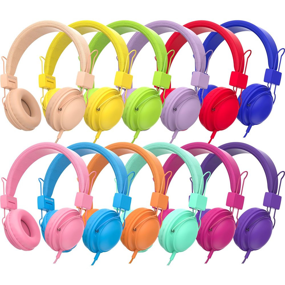 MIXCU Headphones for Classrooms K-8 School Use, Wired Bulk, 85dB Volume Limited with Mic, Foldable & Shareable, 3.5mm Jack, Rainbow Colors (12 Pack)