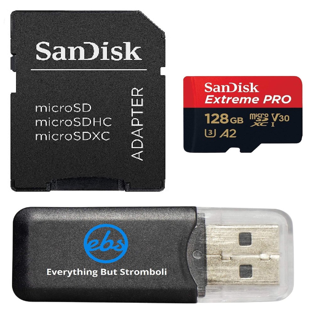 SanDisk Extreme Pro MicroSD Card 128GB Up to 200 MB/s Read Speed Compatible with Insta 360 X5, X4 and Ace Pro 2 Cameras (SDSQXCD-128G-GN6MA) Bundle with 1 Everything But Stromboli MicroSD Card Reader