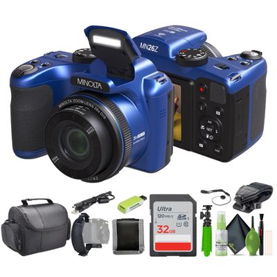 Minolta MN26Z 20 Mega Pixels 26x Optical Zoom Digital Camera with 1080p FHD Video Bundle with 32 GB Memory Card + Vlogging Tripod + Cleaning kit + More Accessories - Blue