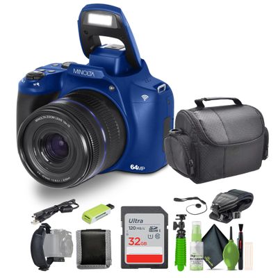 Minolta 64 Mega Pixels Auto Focus Digital Camera with 10x Optical Zoom, 4K Ultra HD Video and Macro Shooting, Bundle with 32 GB Memory Card + Vlogging Tripod + Cleaning kit + More Accessories (Blue)