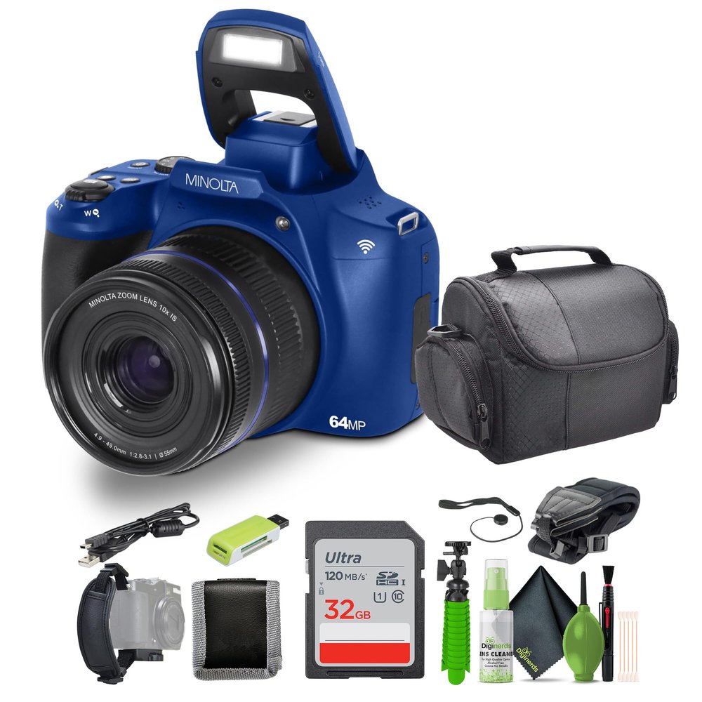 Minolta 64 Mega Pixels Auto Focus Digital Camera with 10x Optical Zoom, 4K Ultra HD Video and Macro Shooting, Bundle with 32 GB Memory Card + Vlogging Tripod + Cleaning kit + More Accessories (Blue)