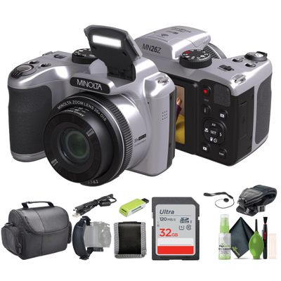 Minolta MN26Z 20 Mega Pixels 26x Optical Zoom Digital Camera with 1080p FHD Video Bundle with 32 GB Memory Card + Vlogging Tripod + Cleaning kit + More Accessories - Silver