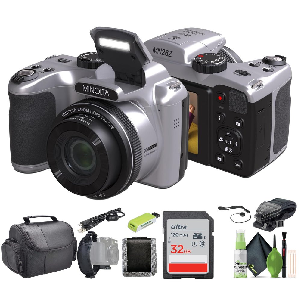 Minolta MN26Z 20 Mega Pixels 26x Optical Zoom Digital Camera with 1080p FHD Video Bundle with 32 GB Memory Card + Vlogging Tripod + Cleaning kit + More Accessories - Silver