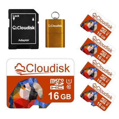 Cloudisk Pack of 5 Parrot-Prime Micro SD Card 16GB Flash Memory Card Micro SDHC C10 A1 U1 with SD Adapter, Card Reader (16GB)