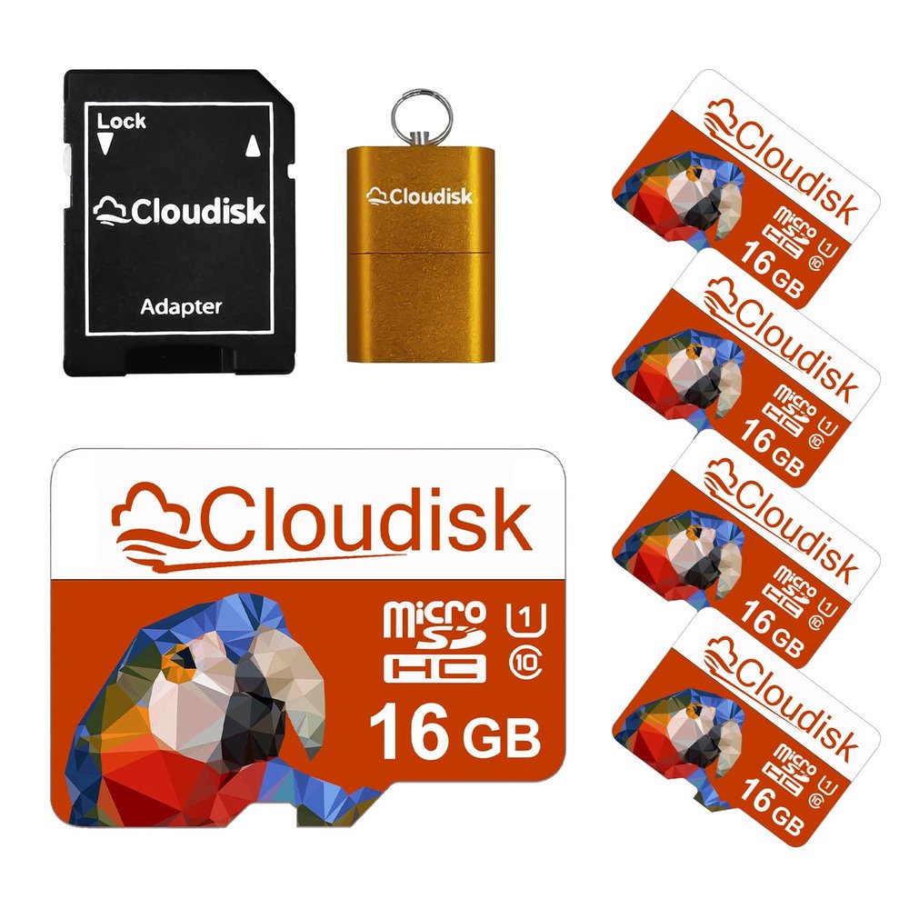 Cloudisk Pack of 5 Parrot-Prime Micro SD Card 16GB Flash Memory Card Micro SDHC C10 A1 U1 with SD Adapter, Card Reader (16GB)