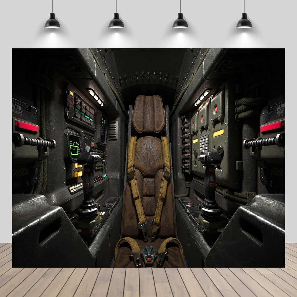 CHNYWORK 6x4ft Spaceship Cockpit Backdrop Old Brown Leather Pilot Seat Sci-fi Space Fighter Craft Cockpit Background Pilot Theme Birthday Party Decorations Portrait Photo Studio Props