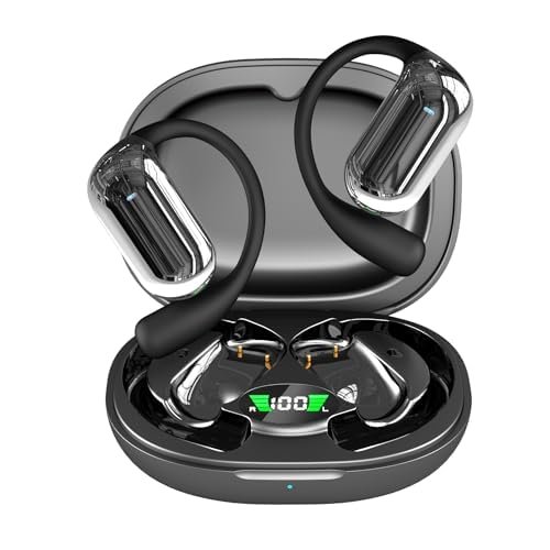Bitstik Open-Ear Wireless Headphones Bluetooth Earbuds LED Power Display Charging Case Ear Buds Earhook Over-Ear Earphones for Workout Sports TV Phone Laptop (Black)