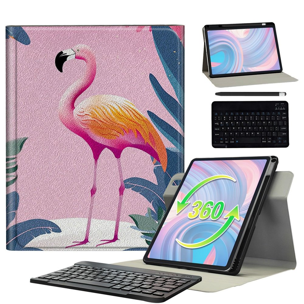 BFSEROBJ for iPad Pro 12.9 Case 6th/5th/4th Generation 12.9 inch with 360 Rotating Degree Stand PU Leather Protective Cover with Detachable Wireless Keyboard & Pen Holder - Cute Pink Flamingos