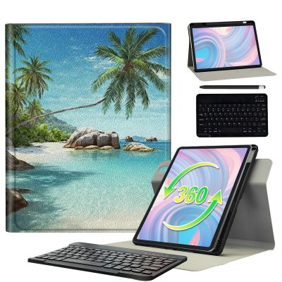 BFSEROBJ for iPad Pro 12.9 Case 6th/5th/4th Generation 12.9 inch with 360 Rotating Degree Stand PU Leather Protective Cover with Detachable Wireless Keyboard & Pen Holder - Tropical Palm Sea Beach