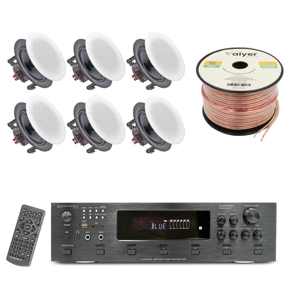 Vaiyer Home Theater System Kit, 6-Channel 6000 Watts Bluetooth Amplifier with 5.25" Frameless 6 Qty of 175 W Each in-Wall in-Ceiling Speakers & 16 Gauge 250 ft. Speaker Wire Surround Sound System
