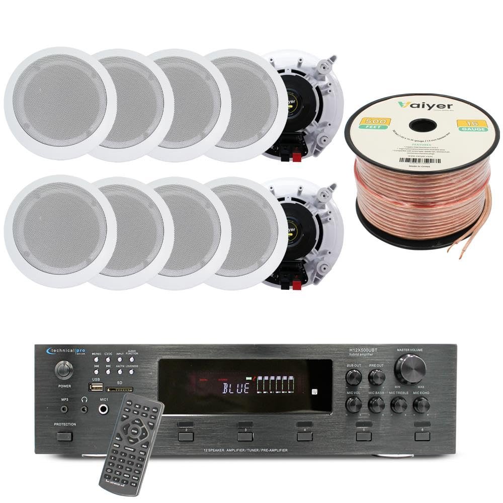 Vaiyer Home Theater System Kit, 6-Channel 6000 Watts Bluetooth Amplifier with 5.25" 10 Qty of 175 W Each in-Wall in-Ceiling Speakers & 16 Gauge 500 ft. Speaker Wire Surround Sound System