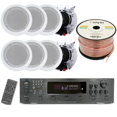 Vaiyer Home Theater System Kit, 6-Channel 6000 Watts Bluetooth Amplifier with 5.25" 8 Qty of 175 W Each in-Wall in-Ceiling Speakers & 16 Gauge 500 ft. Speaker Wire Surround Sound System