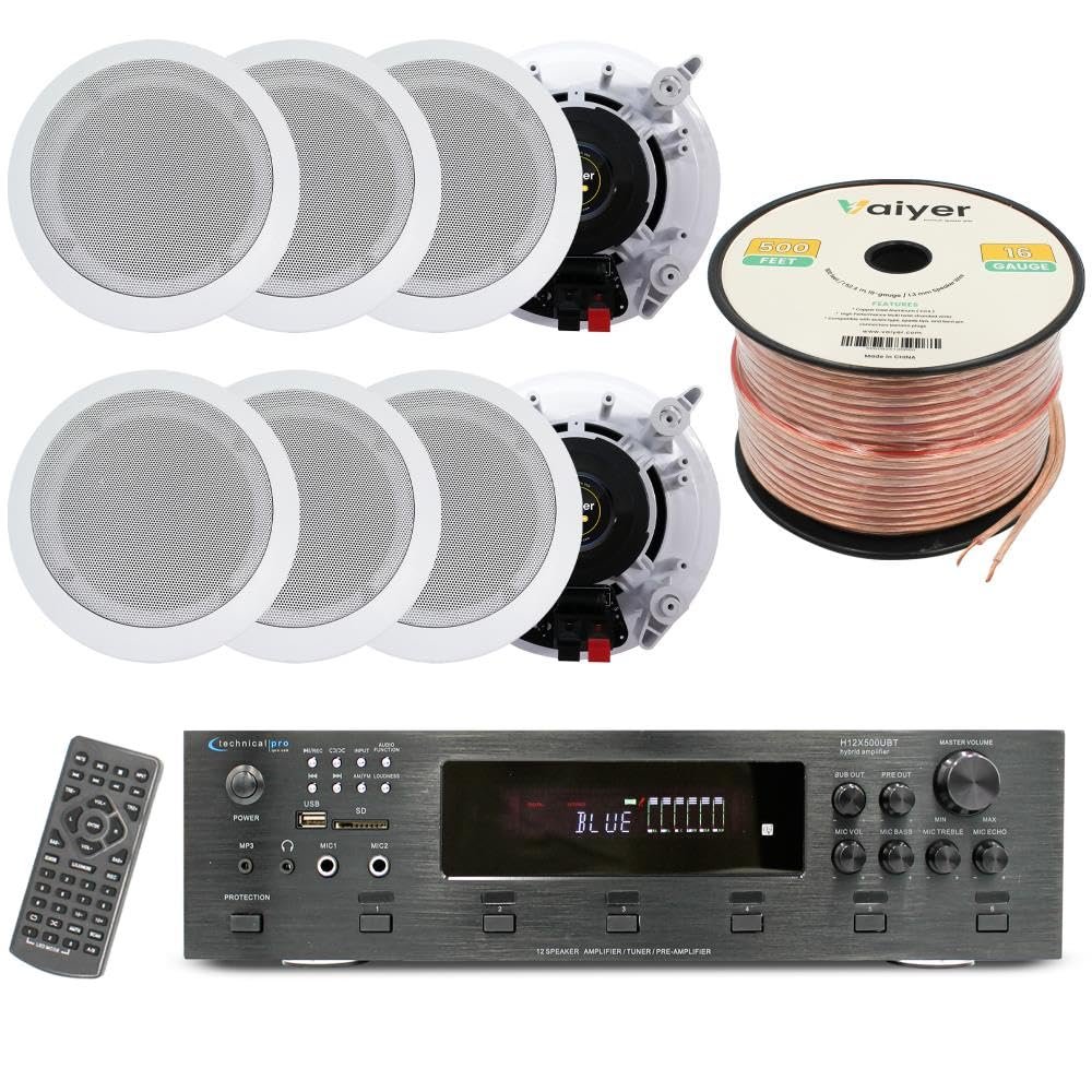 Vaiyer Home Theater System Kit, 6-Channel 6000 Watts Bluetooth Amplifier with 5.25" 8 Qty of 175 W Each in-Wall in-Ceiling Speakers & 16 Gauge 500 ft. Speaker Wire Surround Sound System