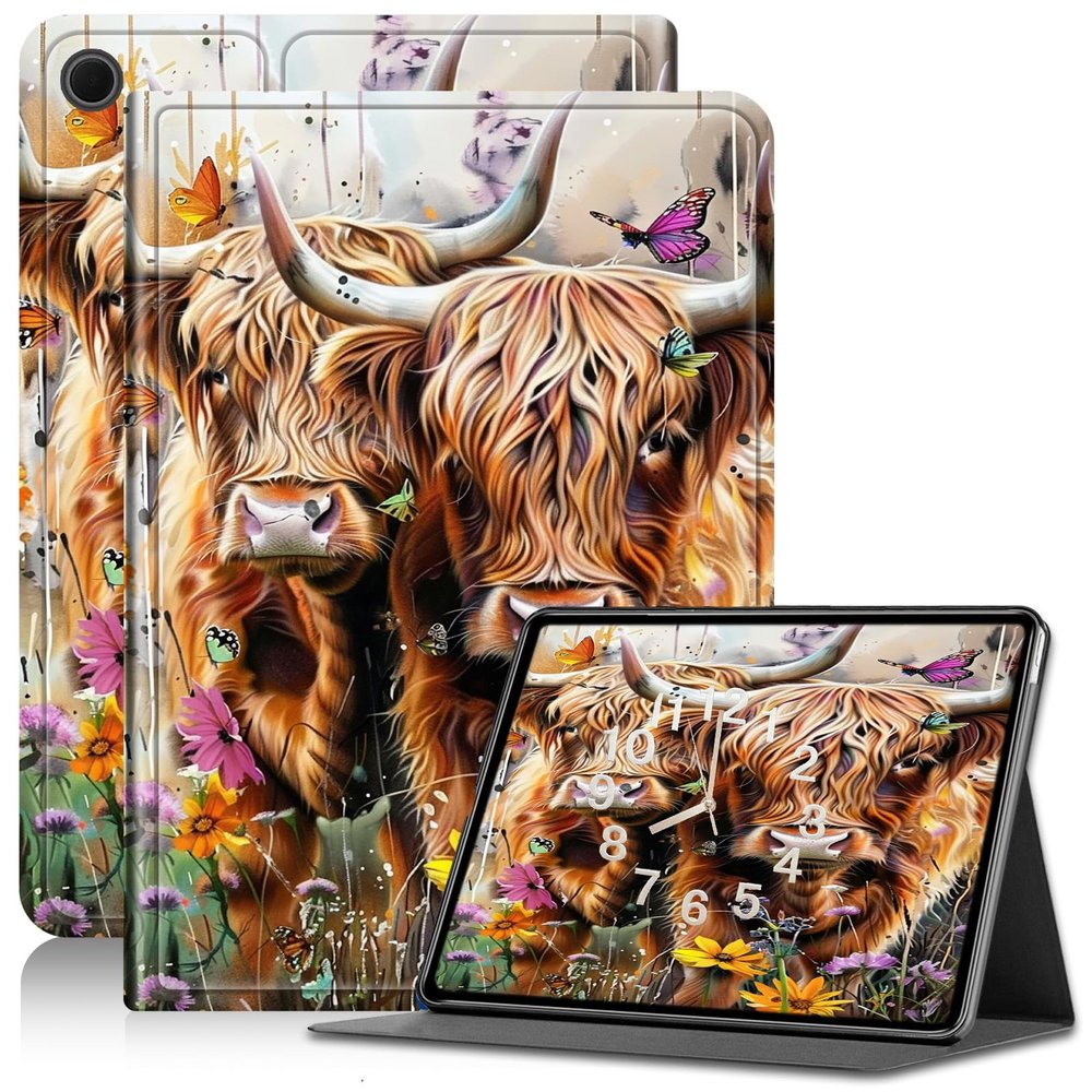 AIRWEE Case for Samsung Galaxy Tab A9+/ A9 Plus 11'', Adjustable Stand, PU Leather Cover with Auto Sleep/Wake, Two Highland Cows