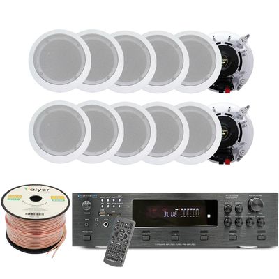 Vaiyer Home Audio System Kit, 6-Channel 6000 Watts Bluetooth Amplifier with 5.25" 12 QTY of 175 W Each in-Wall in-Ceiling Speakers & 16 AWG 500 ft. Speaker Wire - Perfect for Home, Office, Restaurants