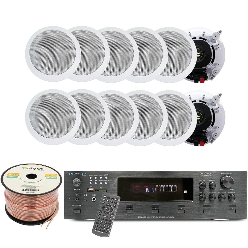 Vaiyer Home Audio System Kit, 6-Channel 6000 Watts Bluetooth Amplifier with 5.25" 12 QTY of 175 W Each in-Wall in-Ceiling Speakers & 16 AWG 500 ft. Speaker Wire - Perfect for Home, Office, Restaurants