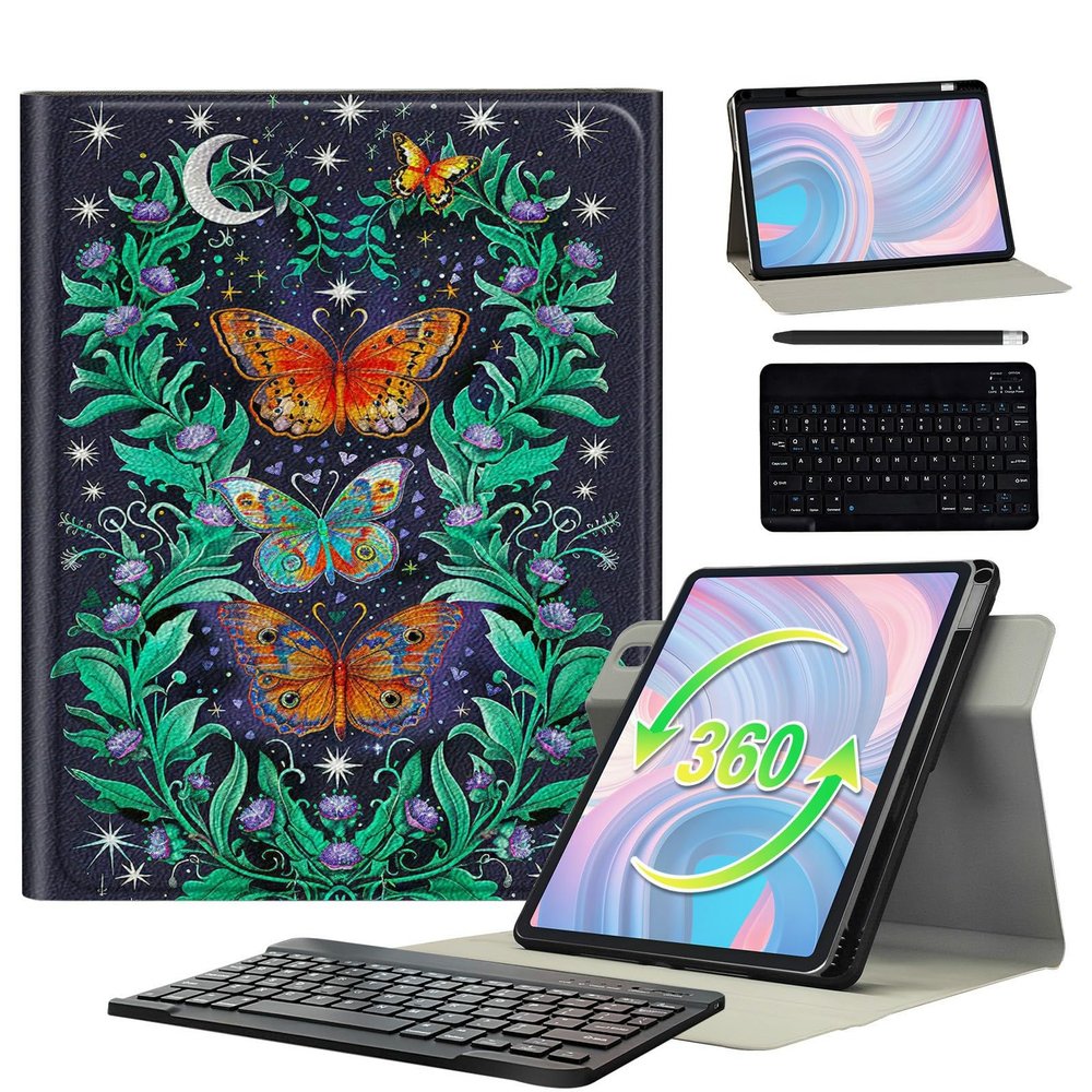 BFSEROBJ Galaxy Tab S9 FE Case Galaxy Tab S9 Case 2023 with 360 Rotating Degree Stand PU Leather Protective Cover with Detachable Wireless Keyboard and Pen Holder - Butterflies Moon