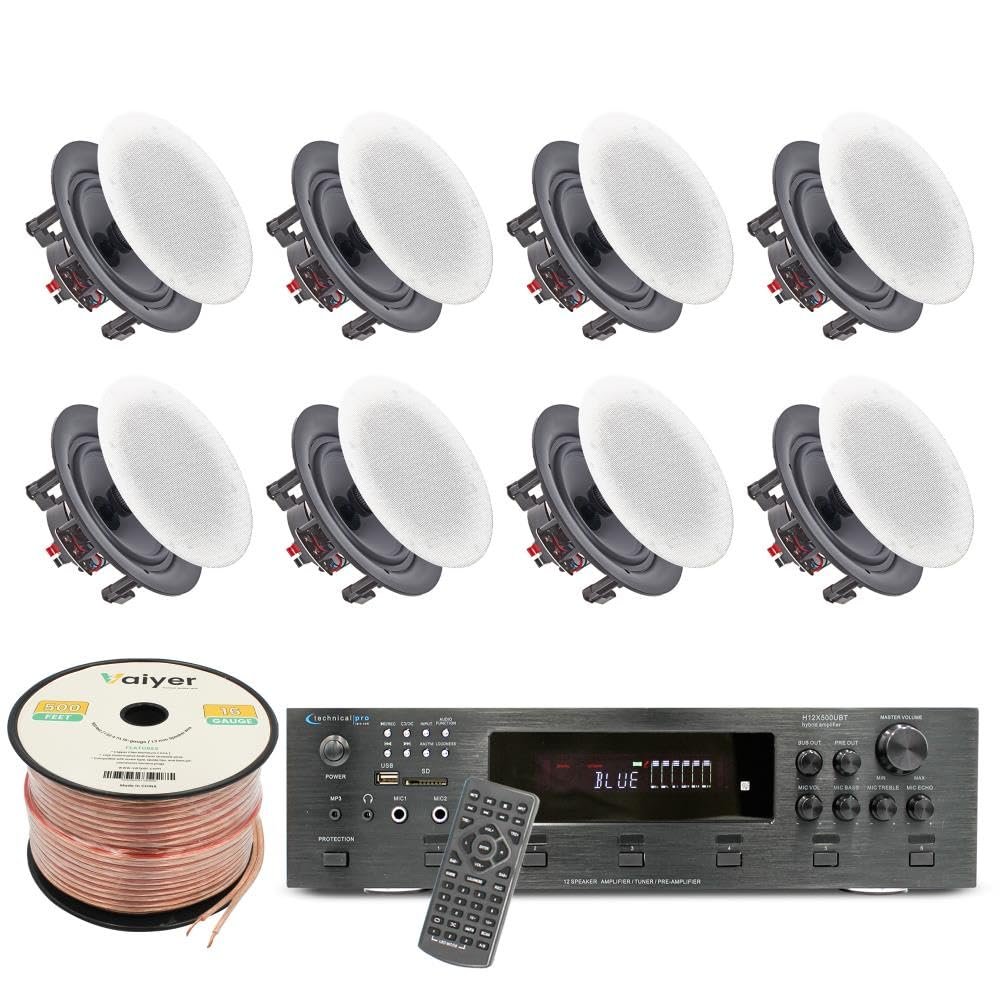 Home Theater System Kit, 6-Channel 6000 Watts Amplifier with 5.25" 8 Qty of 175 W Each in-Wall in-Ceiling Frameless Speakers & 16 Gauge 500 ft. Speaker Wire Surround Sound System by Vaiyer
