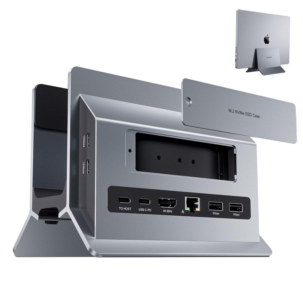 PULWTOP MacBook Pro Air Docking Station, Vertical USB C Laptop Docking Station with M.2 SSD Slot, HDMI 4K@60Hz, 4 USB A/C Max 10Gbps, Ethernet, SD/TF, PD Dock for MacBook/USB-C Win Laptops - Grey
