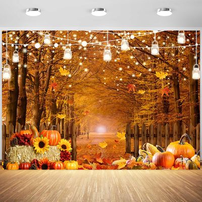 10x8ft Fall Forest Backdrop Autumn Woodland Maple Leaves Pumpkins Photography Background Fall Harvest Thanksgiving Party Kids Adults Portraits Decorations Supplies Photo Booth Props