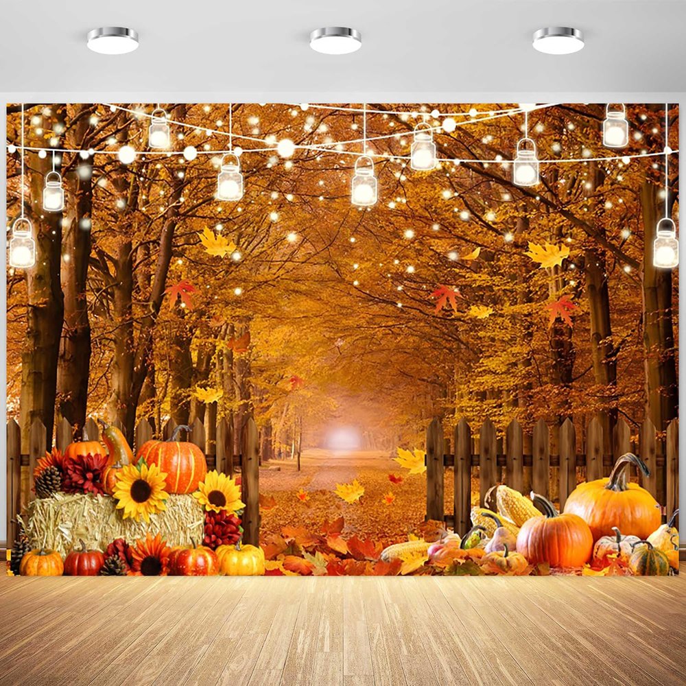 10x8ft Fall Forest Backdrop Autumn Woodland Maple Leaves Pumpkins Photography Background Fall Harvest Thanksgiving Party Kids Adults Portraits Decorations Supplies Photo Booth Props