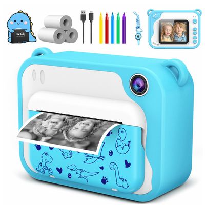 Kids Camera Instant Print, Dinosaur Instant Print Camera for Kids with 1080P Video, 32GB SD Card, 240 Photos, Christmas Birthday Gifts for Boys Girls Ages 3-12 (Blue)