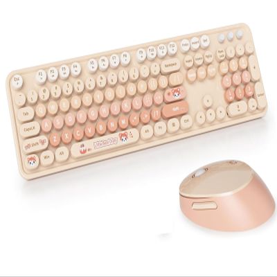 2.4G USB Wireless Keyboard and Mouse Combo, Multi-Color Typewriter Style Round Keycap, Cute Candy Colors, Compatible with Notebook, PC (Milk Tea-B)