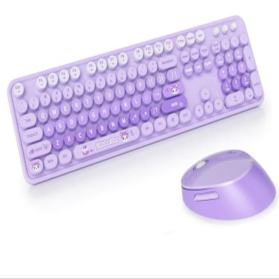 2.4G USB Wireless Keyboard and Mouse Combo, Multi-Color Typewriter Style Round Keycap, Cute Candy Colors, Compatible with Notebook, PC (Purple-B)