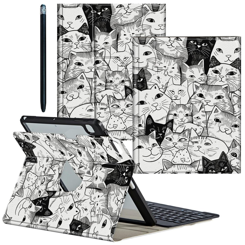 CGFGHHUY for iPad 5th/6th Generation Case for iPad Air 1/2 Case 9.7 inch Detachable Wireless Keyboard & 360 Rotating Stand PU Leather Cover with Pen Holder Protective Cover - Many Cute Cats