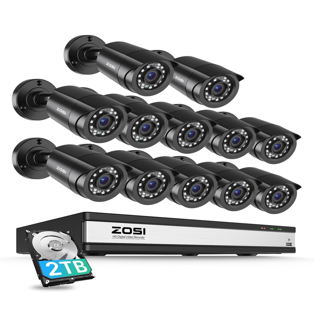 ZOSI 3K Lite 16CH Security Camera System,12pcs Wired 1080P Outdoor Indoor Weatherproof Cameras,AI Human Vehicle Detection,Night Vision,H.265+ 16 Channel CCTV DVR with 2TB HDD for 24/7 Recording