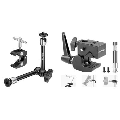 NEEWER 9.8"/25cm Adjustable Magic Arm with Super Clamp Kit, 1/4" & 3/8" Threads, 1/4" Screws for Flash/LED Light/Microphone/Monitor, Compatible with SmallRig Camera Cage, Max Load: 4.4lb/2kg, ST25C
