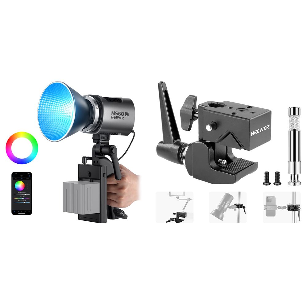 NEEWER MS60C RGBWW LED Video Light 2.4G/APP Control with Super Clamp, 65W Metal Mini RGB COB Continuous Lighting Bowens Handheld Spotlight 2700K-6500K,8300lux/1m, CRI 97+/TLCI 98+,17 Effects + RGBCW