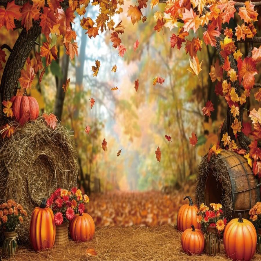 15x10ft Fall Photography Backdrop Autumn Maple Leaves Pumpkin Background Maple Forest Flowers Backdrops Thanksgiving Party Decorations Supplies Farm Harvest Banner Photo Booth Props