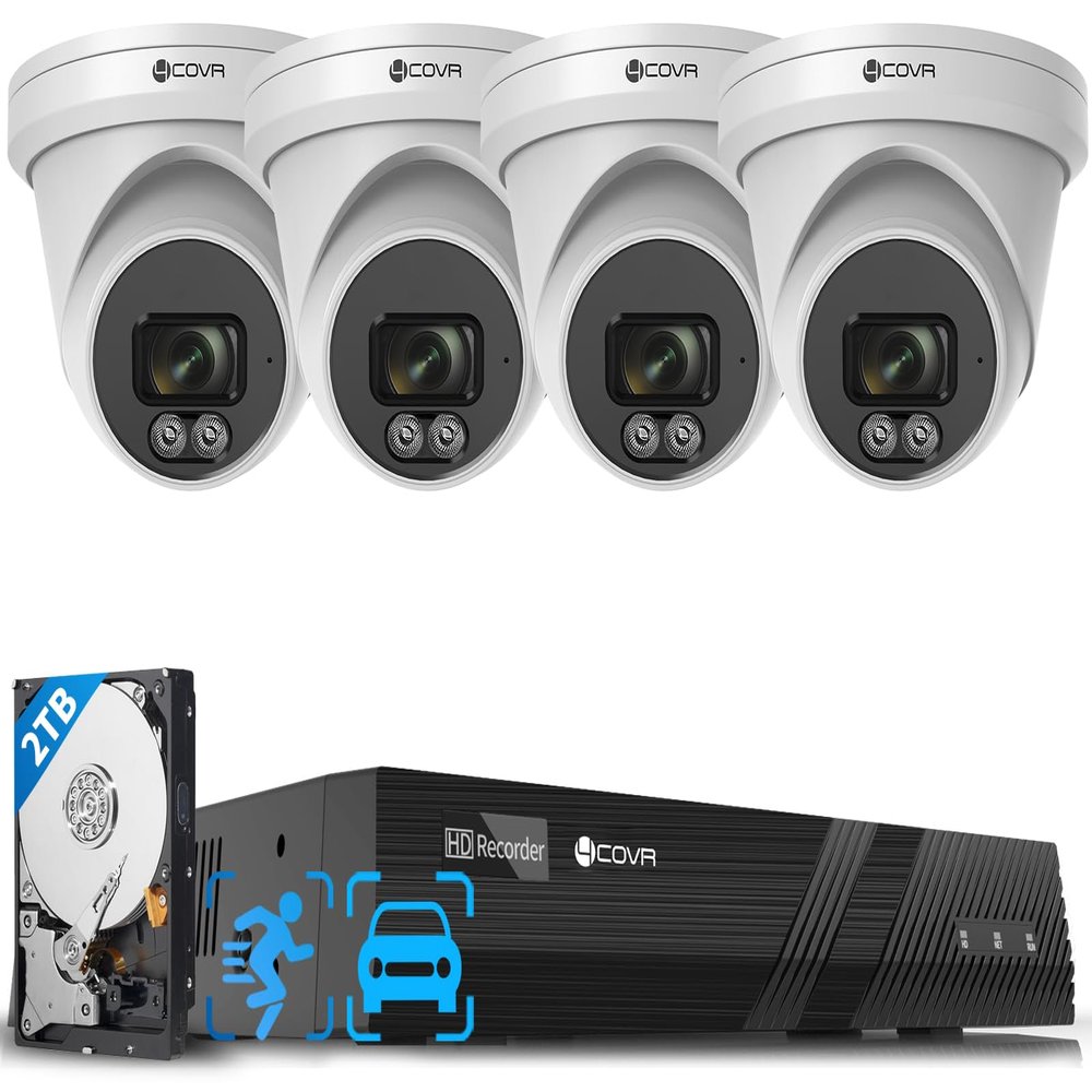 4COVR 4K PoE Security Camera System, Human Vehicle Detection, 4Pcs 8MP 2.8mm 110 Wide Angle Dome IP Camera with Mic, 8CH 8MP H.265 NVR with 2TB HDD, IP67 Home Weatherproof Outdoor, LY97SA8M0804